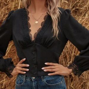 NWOT ZARA Lace Panel Scallop Trim Blouse